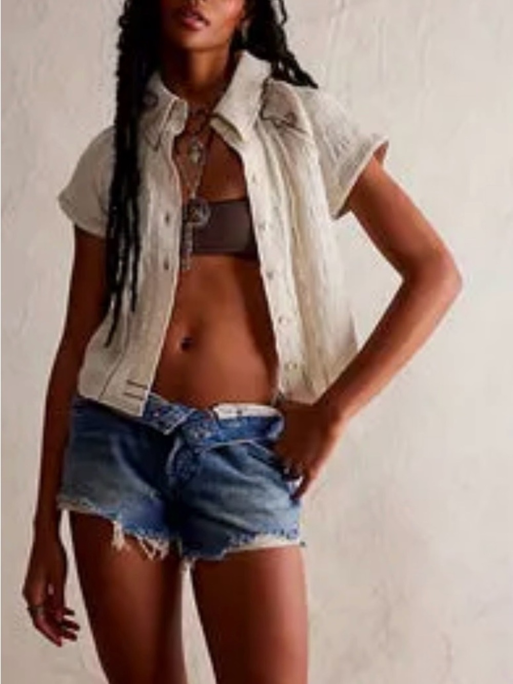 Free People Distressed High-Rise Denim Shorts - Blue